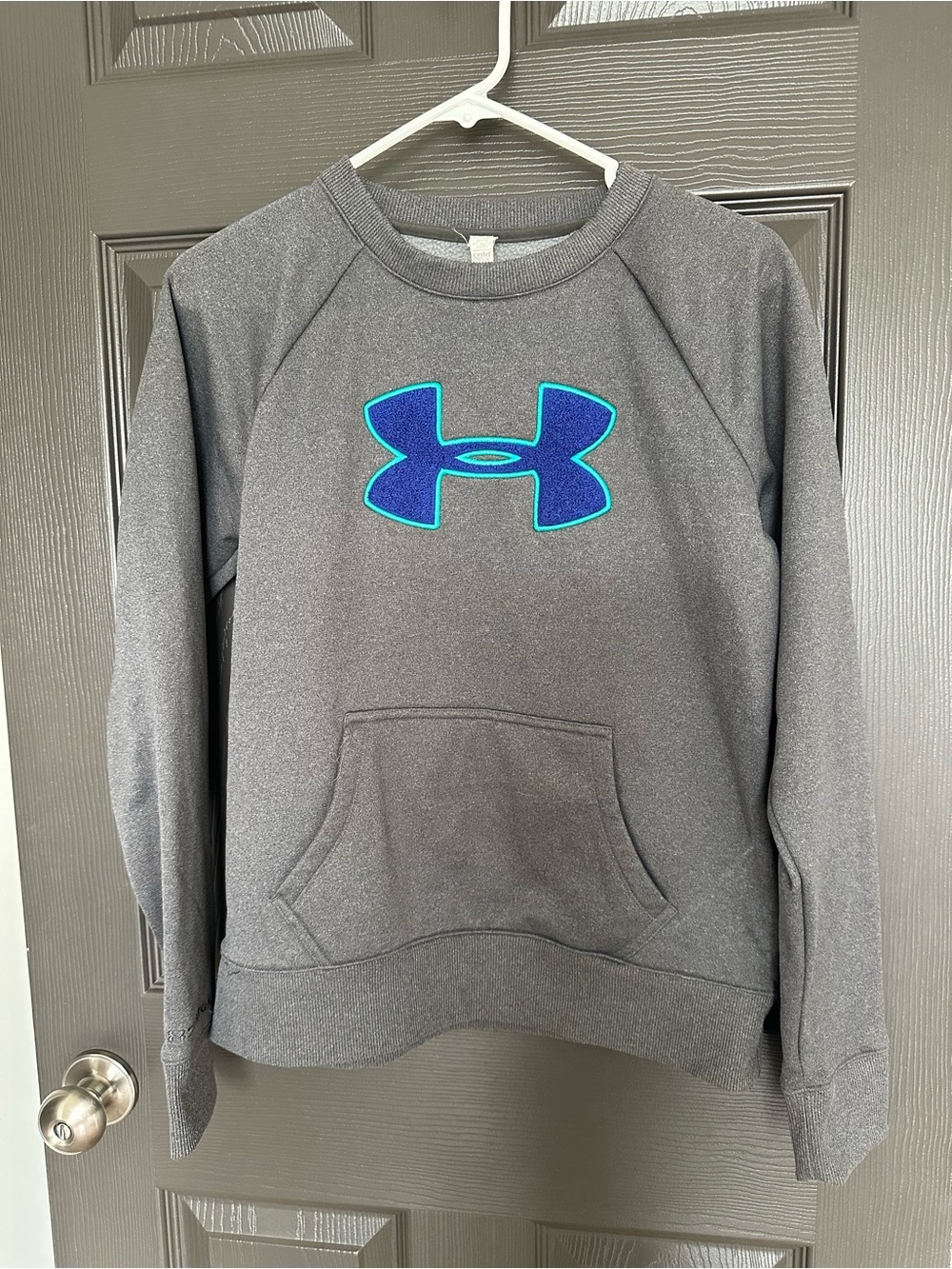 Under Armour ColdGear Gray Fleece Pullover Sweatshirt Blue Logo MD/M